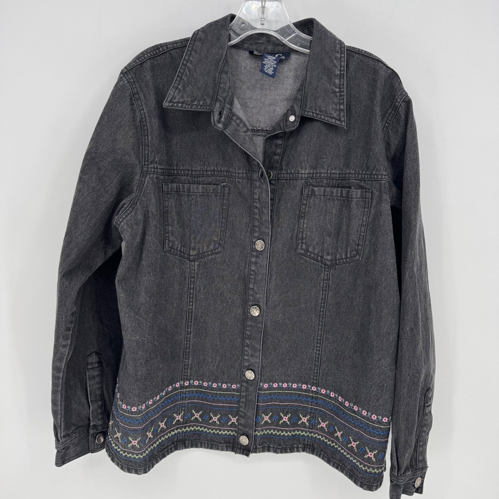 DENIM&CO Womens Denim Jacket Large Black‎ Embroidery Button Front Long Sleeve
